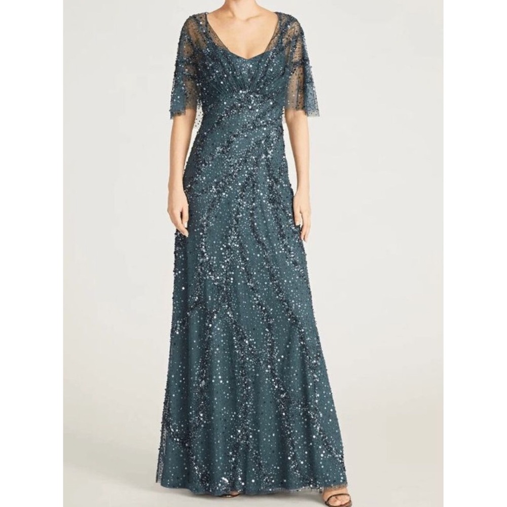 Theia Lavinia Beaded Capelet Gown Sequin V Neck Blue Size 4